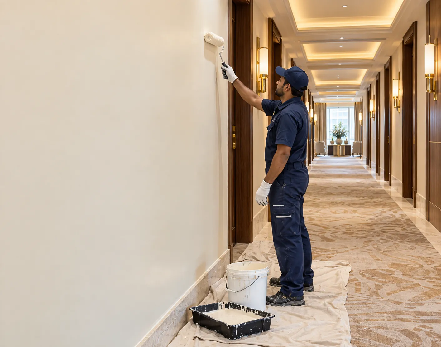 Golden Square painter painting a hotel corridor wall in Riyadh