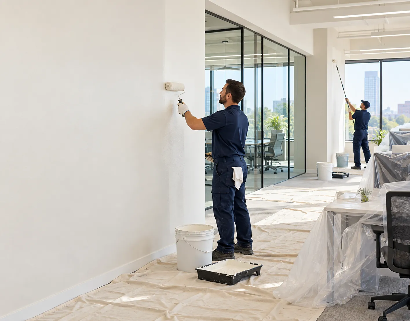Golden Square painters painting an office in Riyadh with desks protected