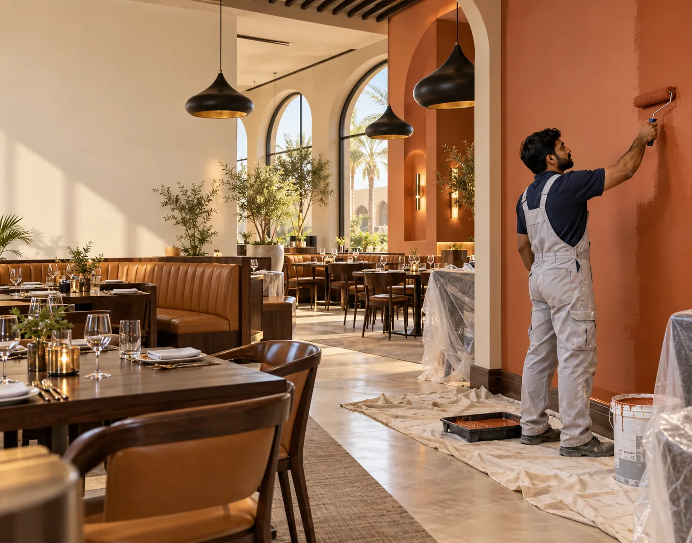 Golden Square painter painting a terracotta feature wall in a Riyadh restaurant